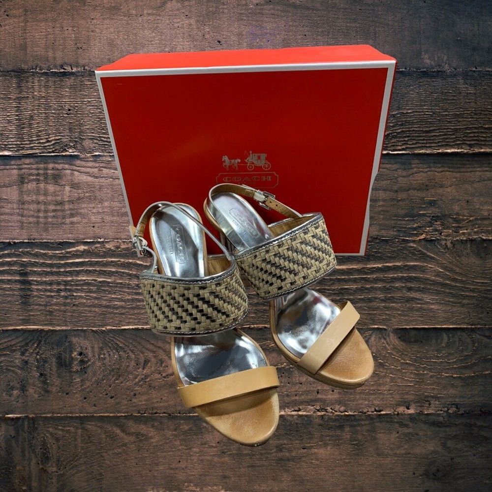 Coach Womens Leather Woven Steffi Slingbacks Sandals Beige Silver Size 6.5